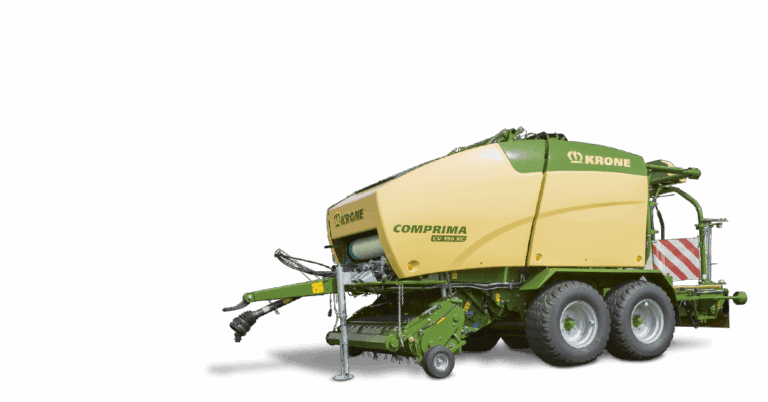 Krone Comprima CV 150 XC kombinert rundball- og wrappepresse i gul og grønn farge, vist fra siden med pick-up, tandemaksling og nettbindingssystem synlig.