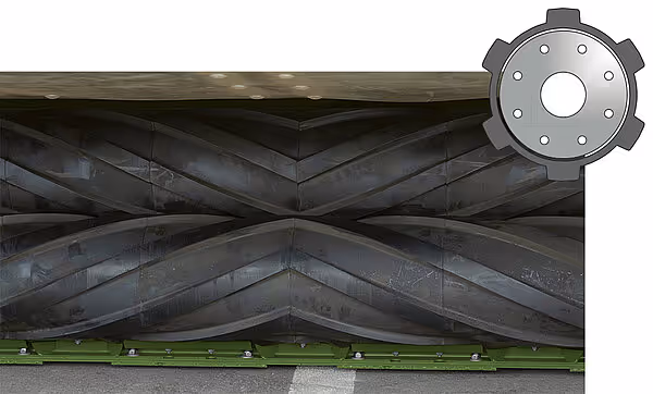 Teknisk illustrasjon av V-formet transportmekanisme på KRONE Big M 450 med tannhjulsymbol som viser driftsfunksjonen.