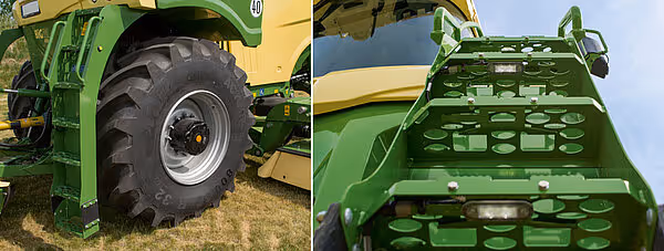 Detaljer av KRONE Big M 450 som viser det store hjulet og den grønne slåtteenheten med multiple skjærende elementer.