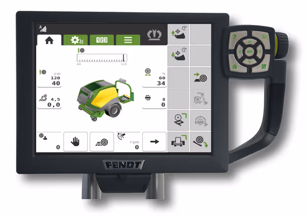 Digital kontrollpanel med joystick på KRONE landbruksmaskin som viser maskininnstillinger og status på skjerm.