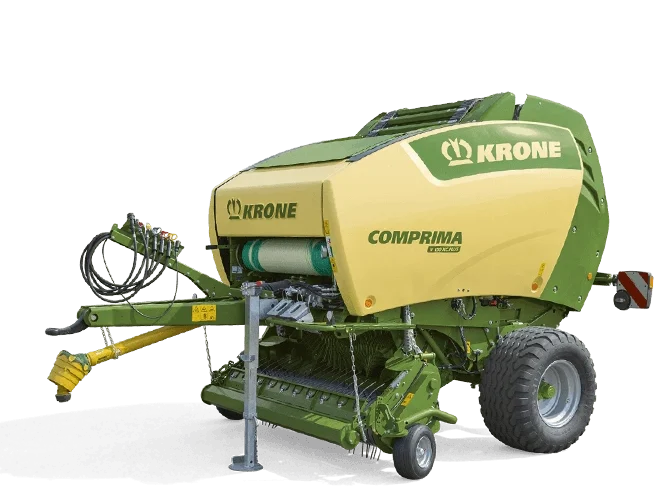 KRONE Comprima Plus rundballpresse med forbedret design, enkel hjulkonfigurasjon og hydrauliske tilkoblinger.
