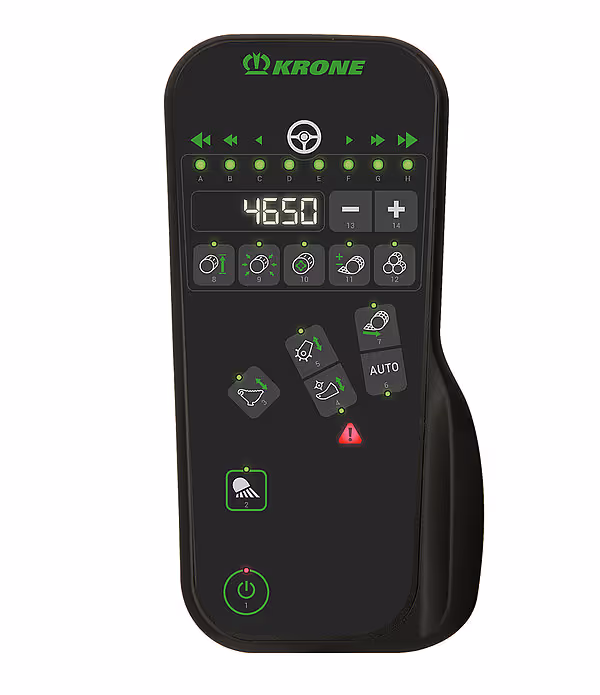 KRONE fjernkontroll med digital display som viser 4659, samt knapper for ulike maskinfunksjoner.