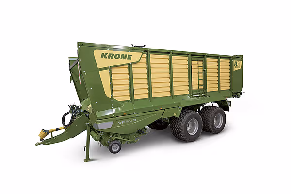 KRONE RX forvogn i side- og fra siden med grønn og gul tofarget design.