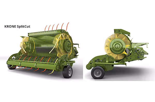 KRONE SplitCut siloopener vist i to varianter: på venstre med stor roterende sylinder for foringkutting, på høyre med mindre rotor for silokutting.