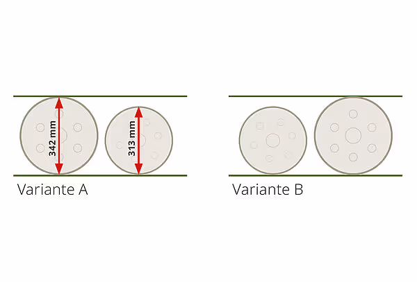 Sammenligning av to rotortyper: Variante A med diameter 342 mm og 313 mm, og Variante B med større rotorer for ulike silofyllingsoppgaver.