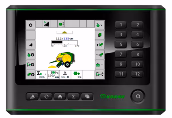 KRONE CCI terminal med numerisk tastatur og touchskjerm som viser ballepresser-kontrollpanel med ballediameter-indikator.