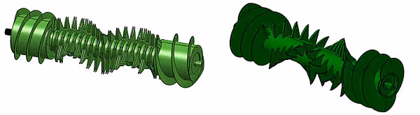 To grønne rotor-skruer fra KRONE Varipack Pro rundballpresse, som brukes til å samle og forme høy til rundball.