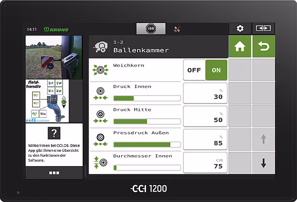 CCI 1200 kontrolldisplay som viser innstillinger for ballenkammer med tyske menyer og grønne kontrollknapper.