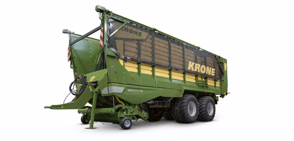KRONE ZX silotailer med lukket ladebeholdere og høy oppsamlingsmekanisme, fotografert mot hvit bakgrunn.