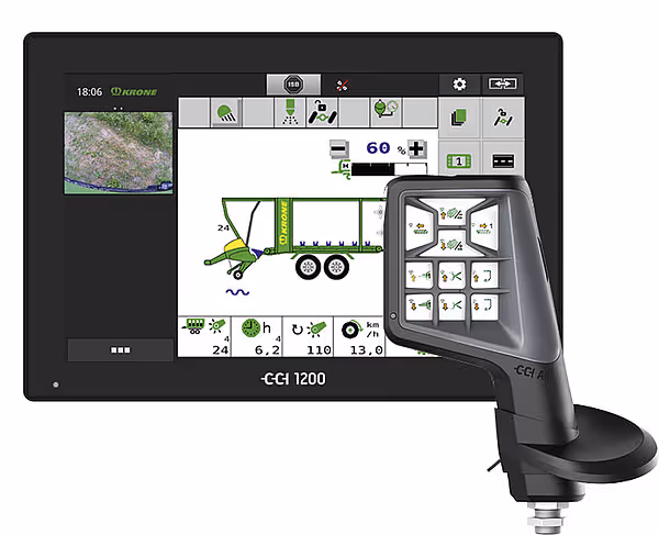 CCI 1200 kontrollskjerm og joystick for styring av KRONE landbruksmaskiner.